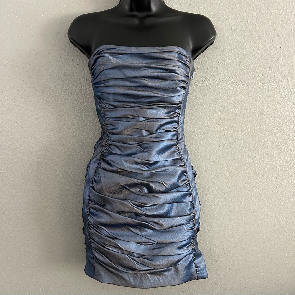 VTG Y2K Cache Metallic Blue Grey Strapless Ruched Mini Dress 2 Criss Cross Back
